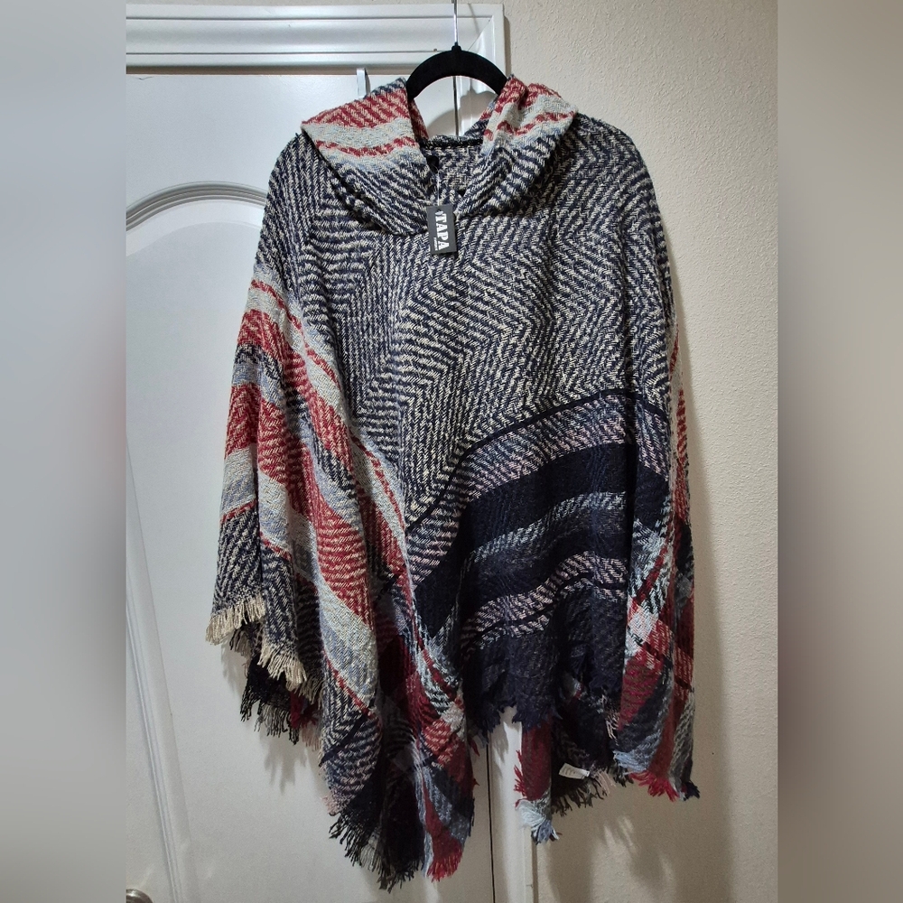 TAPA Red/Blue Plaid Poncho With Hood & Fringe Hem One Size - NWT